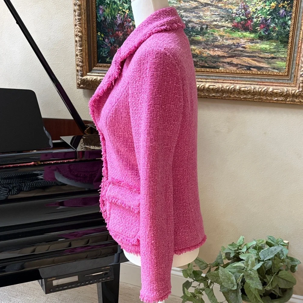 BOSTON PROPER Pink Gold Bouclé Women's Blazer Jacket Fringe Lined size 4 EUC - Picture 5 of 12